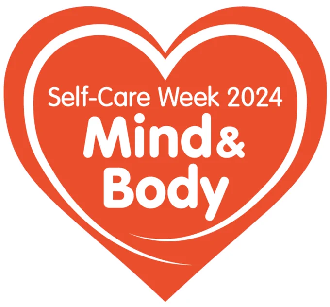 Red heart with text inside which says 'Self-Care Week 2024 Mind and Body'