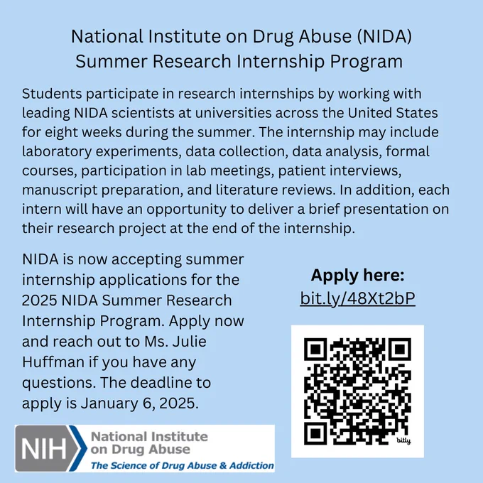 National Institute on Drug Abuse (NIDA) Summer Research Internship Program. Students participate in research internships by working with leading NIDA scientists at universities across the United States for eight weeks during the summer. The internship may include laboratory experiments, data collection, data analysis, formal courses, participation in lab meetings, patient interviews, manuscript preparation, and literature reviews. In addition, each intern will have an opportunity to deliver a brief presentation on their research project at the end of the internship.