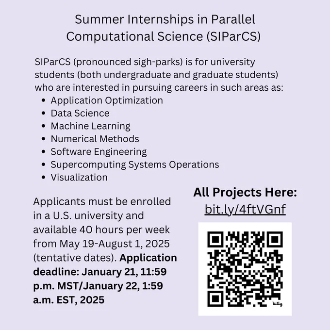 Summer Internships in Parallel Computational Science (SIParCS). SIParCS (pronounced sigh-parks) is for university students (both undergraduate and graduate students) who are interested in pursuing careers in such areas as: Application Optimization; Data Science; Machine Learning; Numerical Methods; Software Engineering; Supercomputing Systems Operations; Visualization.