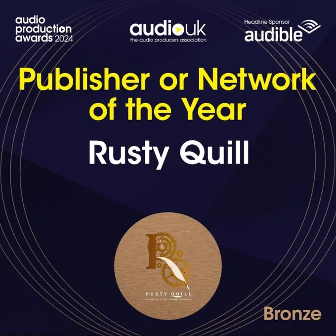 A social media image announcing the APAs 2024 winners. On a dark blue background, bold text reads: Publisher or Network of the Year: Rusty Quill - Bronze.