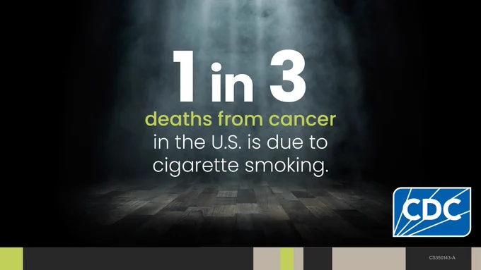 Graphic with bold white text on a dark background with a smoky effect with the text "1 in 3 deaths from cancer in the U.S. is due to cigarette smoking."