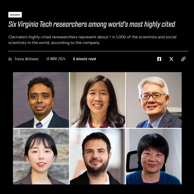 Six Virginia Tech researchers among world's most highly cited. Clarivate's highly-cited reresearchers represent about 1 in 1,000 of the scientists and social scientists in the world, according to the company. By Travis Williams. 19 Nov 2024. 6 minute read.