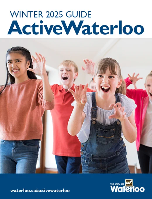 Cover of the Winter 2025 ActiveWaterloo Guide, featuring an excited group of children celebrating indoors. Includes the City of Waterloo logo and a link to the website waterloo.ca/activewaterloo.