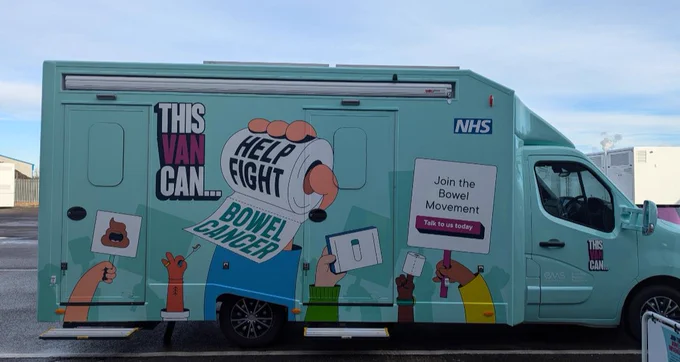A teal blue van, with cartoon images on it. Wording includes "This Van Can... help fight bowel cancer" and "Join the bowel movement - talk to us today". Images are cartoons of hands holding up placards.