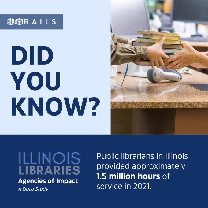 Rails, Illinois libraries agencies of impact: a data study. Did you know? Public librarians in Illinois provided approximately 1.5 million hours of service in 2021. An image of hands transferring a stack of books across a desk to another set of hands. 