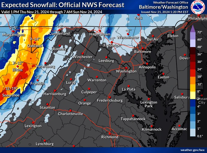 Map of the expected snowfall forecast for the area. 9 to 14 inches of snow is forecast for western Maryland. Snow totals quickly decrease east of the Alleghenies with less than an inch forecast at Cumberland. The Catoctin Mountains are forecast to receive up to 5 inches of snow. 