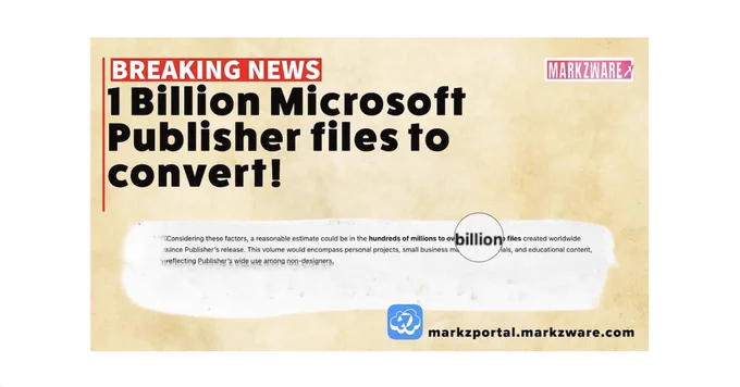 Convert Microsoft Publisher Files to PDF & DTP Formats Online: MarkzPortal, 780x438. “BREAKING NEWS” in White on Red Rectangle. Markzware Logo in White on Red. “1 Billion Microsoft Publisher files to convert!” in Black. “Considering these factors, a reasonable estimate could be in the hundreds of millions to over a billion files created worldwide, since Publisher’s release. This volume would encompass personal projects, small business materials, and educational content … reflecting Publisher’s wide use among non-designers.” in Black. MarkzPortal icon. “markzportal.markzware.com” in Black. All on beige parchment paper background.