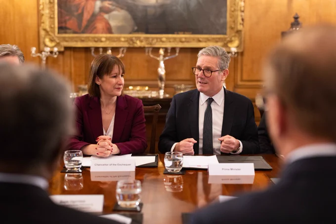 Prime Minister Keir Starmer hosts a Blackrock meeting along with Chancellor of the Exchequer Rachel Reeves and Blackrock founder and chief executive officer Larry Fink in 10 Downing Street.