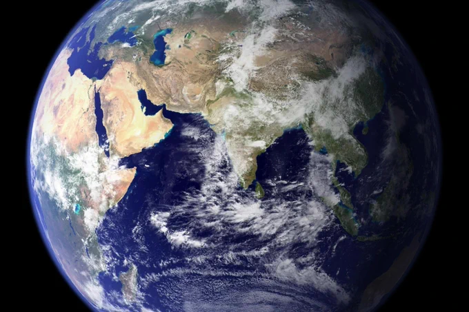 Satellite view of Earth focusing on Asia and Africa.