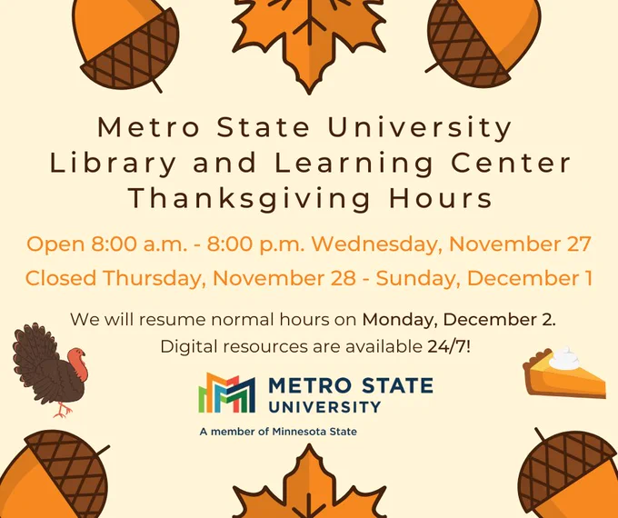 Graphic with a cream-colored background and autumn images like acorns, leaves, a turkey, and a slice of pumpkin pie. The text reads, “Metro State University Library and Learning Center Thanksgiving hours. Open 8:00 a.m. – 8:00 p.m. Wednesday, November 27. Closed Thursday, November 28 – Sunday, December 1. We will resume normal hours on Monday, December 2. Digital resources are available 24/7!” The Metro State logo is below the text.