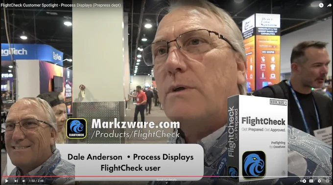 Preflight & Report on Documents: Prepress, Pressroom, Bindery Manager on FlightCheck, 780x435. Dale Anderson of Process Displays (PD Instore) with PRINTING United Expo in the Background.