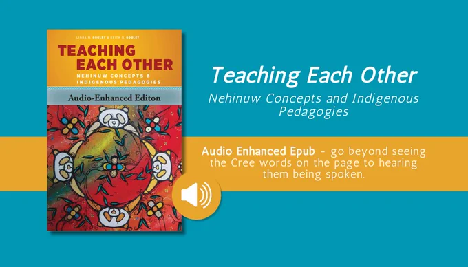 Teal blue banner with the book cover for "Teaching Each Other," audio-enhanced edition. 