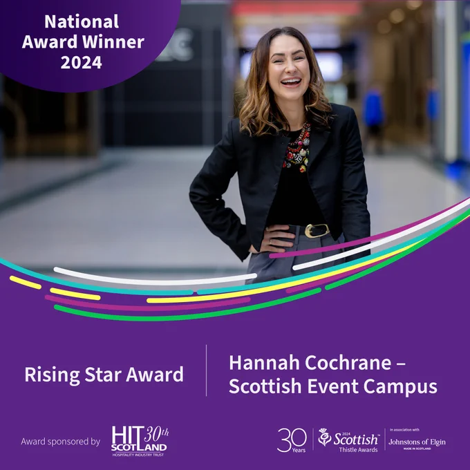 Social media card to announce Hannah Cochrane of Scottish Event Campus as winner of the Rising Star Award, sponsored by HIT Scotland