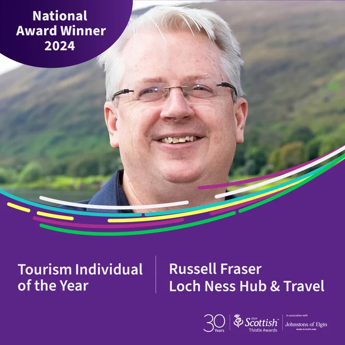Social media tile with an image of Russell Fraser of Loch Ness Hub & Travel - winner of Tourism Individual of the Year