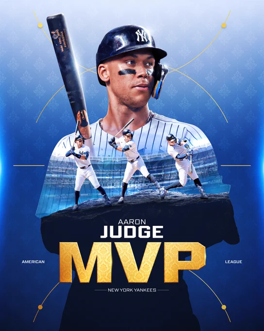 Aaron Judge
American League MVP
New York Yankees

Pictured:
A large cutout of Judge wearing a pinstripe Yankees jersey and a dark blue batting helmet, with three smaller cutouts of Judge in various stages of his swing framed inside of it. 