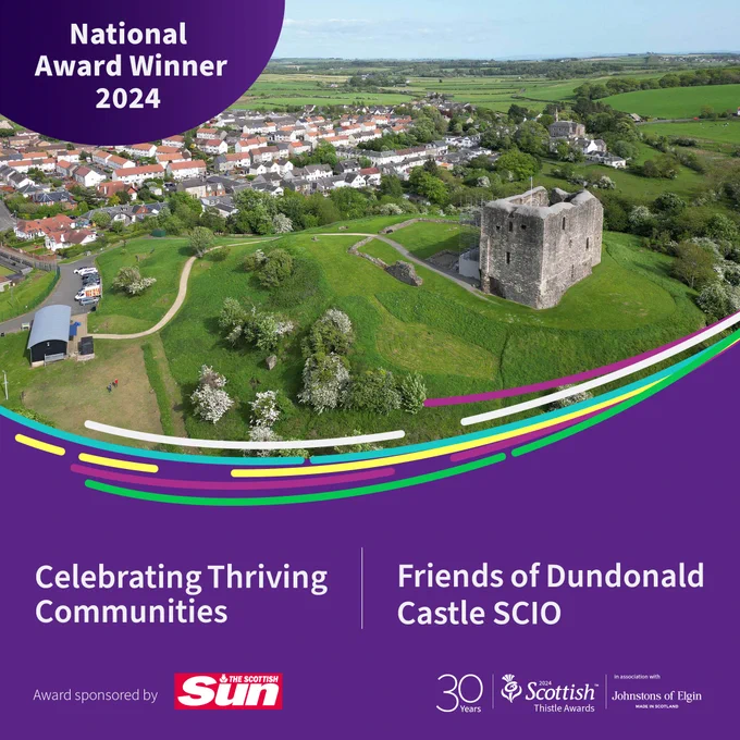 Social media tile announcing Friends of Dundonald Castle SCIO as winner of the Scottish Thistle Awards Celebrating Thriving Communities category, sponsored by the Scottish Sun.