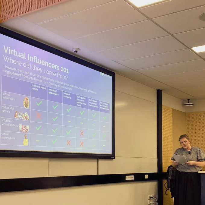IERLab Research Student Rachel Berryman presenting for the Milestone 3 presentation. The slide shows 'Virtual Infuencers 101: Where did they come from?'