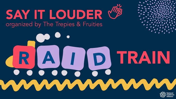 Graphic that is a train that says SAY IT LOUDER organized by The Trepies & Fruities RAID TRAIN for the National Children's Alliance
