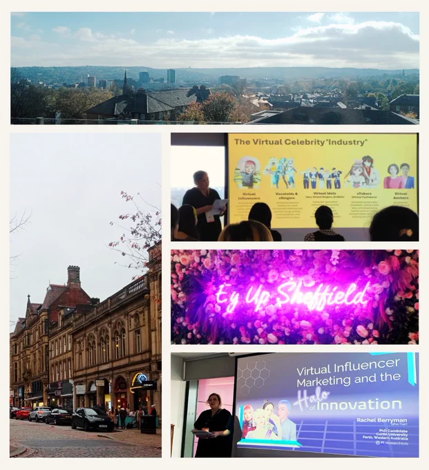 A collage of photos from AoIR2024 conference in Sheffield, UK. Along with images of Sheffield, there are photos of Rachel Berryman presenting at the panel 'Virtual Celebrities Industries in East Asia.'