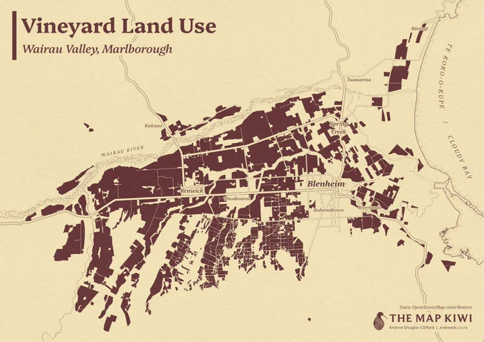 A red wine coloured map of the Wairau Valley, in Malborough, with red areas representing areas of vineyard land use.