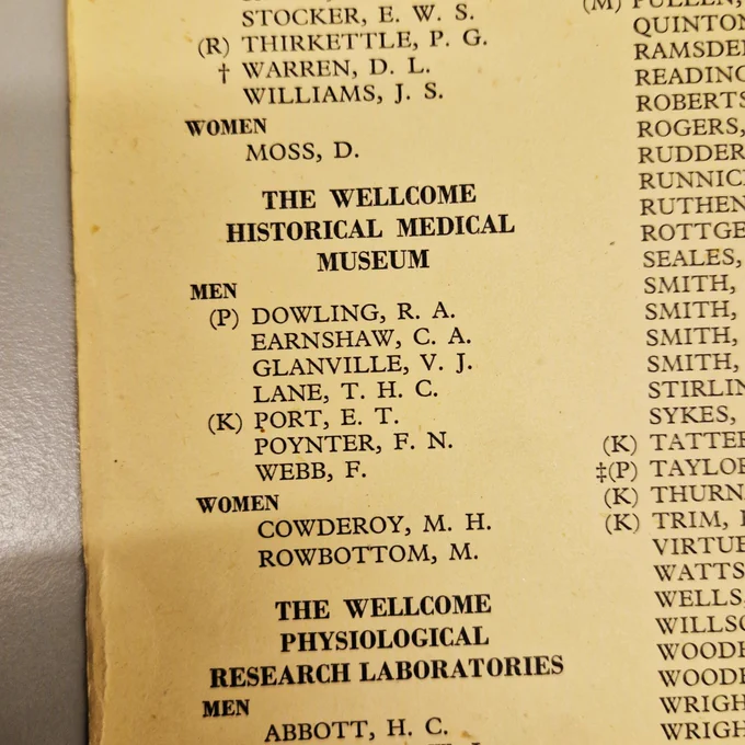 A list of those who had served in the Allied forces in the Wellcome Historical Medical Museum during the Second World War.

Men:
Dowling, R A (Prisoner of War)
Earnshaw, C. A.
Glanville, V.J.
Lane, T.H.C.
Port, E.T. (Killed in action)
Poynter, F.N.
Webb, F.

Women:
Cowderoy, M.H.
Rowbottom, M.