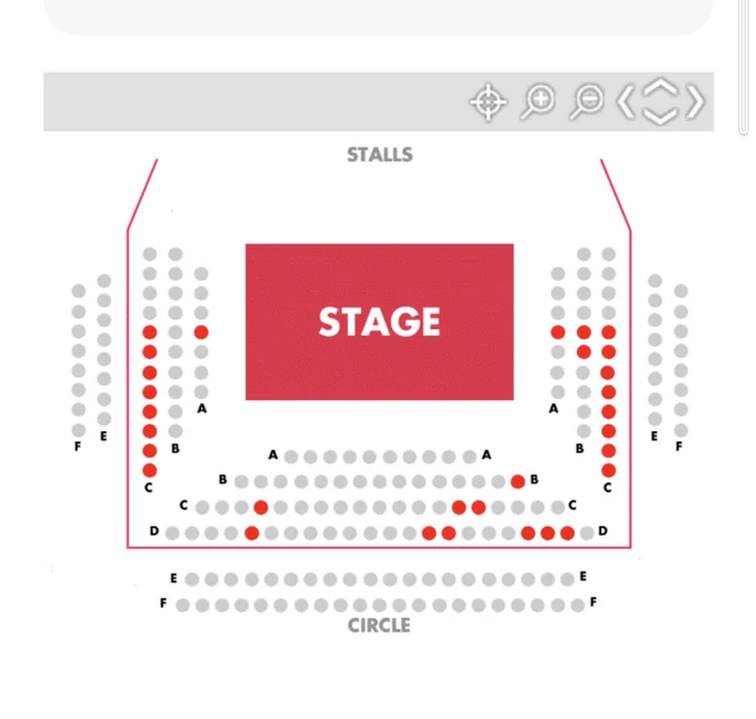 Available seats, a scattering of 1s and 2s, with 8 together on both the left and right of the stage