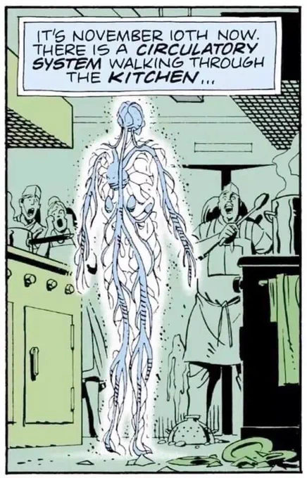 The panel from the Watchmen comic of a circulatory system scaring kitchen workers