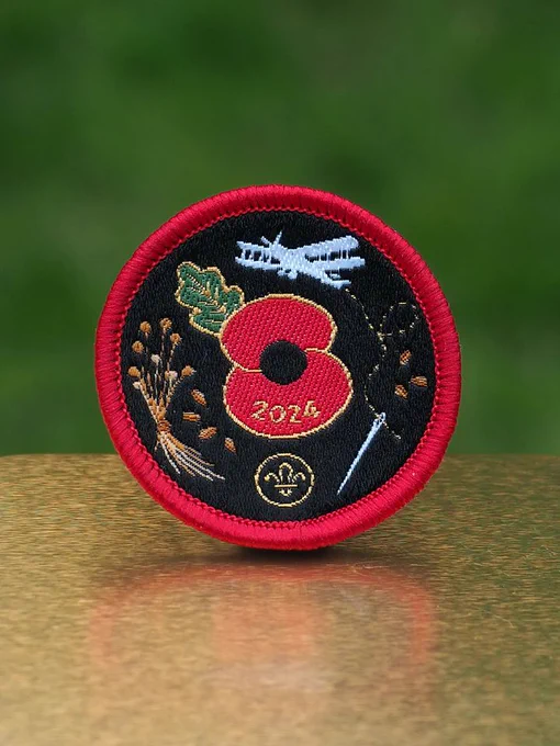 Embroidered badge with a black background featuring a red poppy and a white airplane with the year 2024, displayed upright on a reflective surface with a blurred green background.