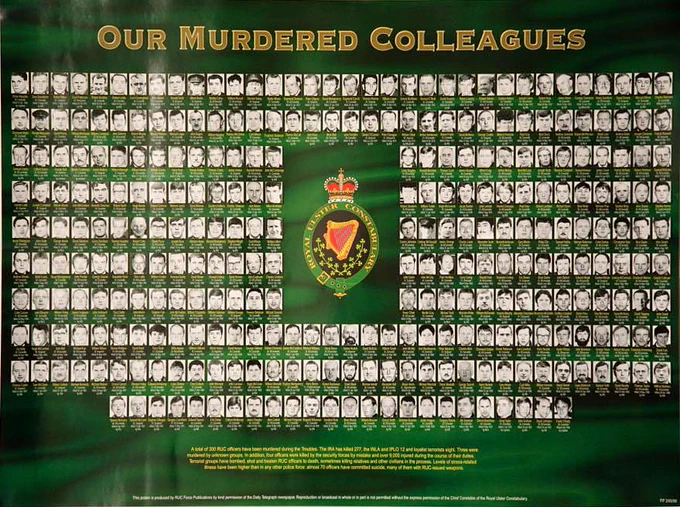 A montage of all the RUC officers murdered during the troubles. This image includes a Royal Ulster Constabulary crest set in the middle of the montage of the murdered officers faces.