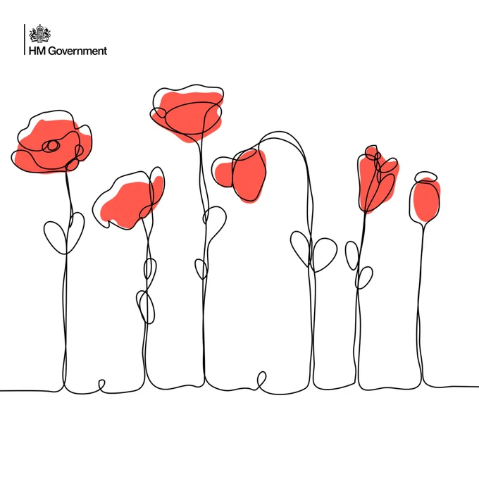 A minimalist line drawing of several poppies at varying heights. The poppies have thin black stems and are depicted with simple, bold red outlines for the petals.