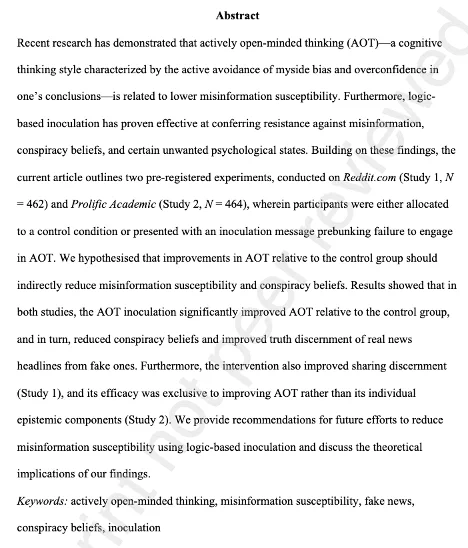 Abstract page for our pre-print of “Norm-enhanced prebunking for actively open-minded thinking indirectly improves misinformation discernment and reduces conspiracy beliefs”