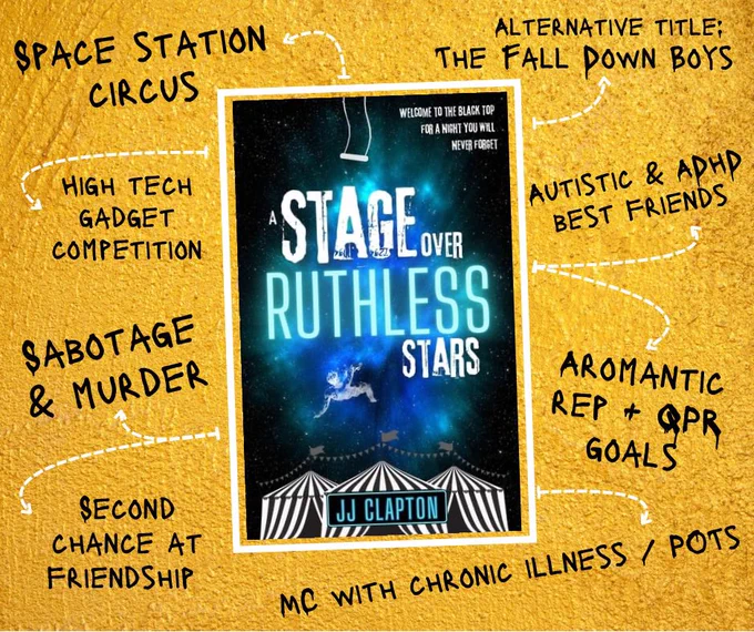 Book cover for A Stage over Ruthless Stars on a larger gold background with text sprouting out around it. They say: space station circus. High tech gadget competition. Sabotage & murder. Second chance at friendship. MC with chronic illness. Aromantic rep & QPR goals. Autistic and adhd best friends. Alternative title: The fall down boys.