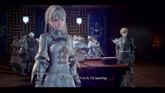 Cutscene from The DioField Chronicle. Waltaquin walks away from the table in the war room, saying “I’ll have no part in it. I’m leaving.”