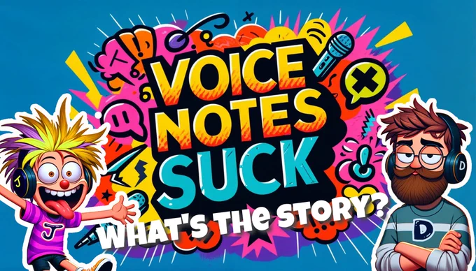 Voice Notes Suck logo with the characters Jay & Dave. As well as some text reading - Whats The Story? 