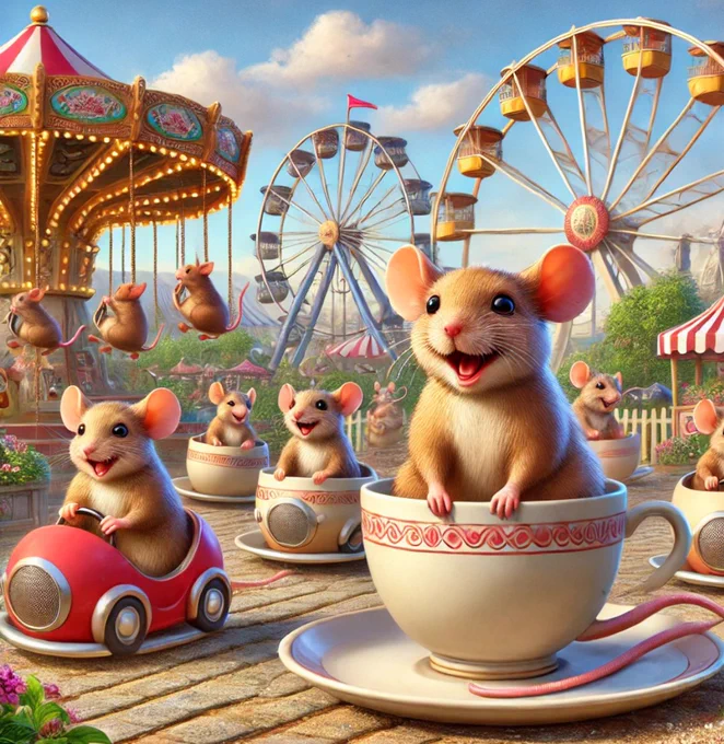 Cartoon of happy mice in an amusement park, generated by AI