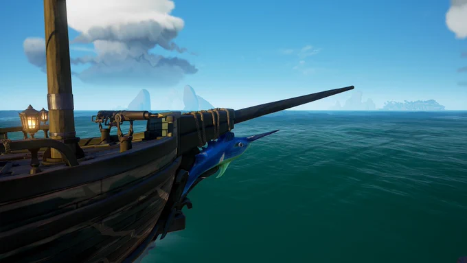The Killer Whale Figurehead (a DK Isles swordfish) at the front of the Hard Light Holodeck brigantine. Screenshot from Sea of Thieves.