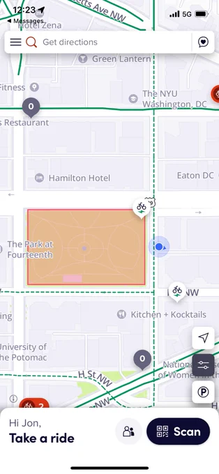 A map of downtown DC that shows a bike inside a no parking zone 