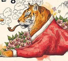 Illustration of a tiger, wearing a snazzy red jacket, smoking a pipe