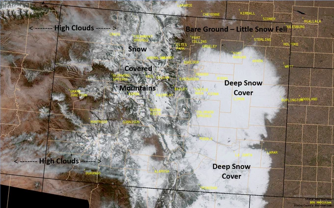 Satellite view of Colorado's recent snow cover, with deep snow noted over much of eastern Colorado, along with snow covered mountains in Central and Western Colorado. 