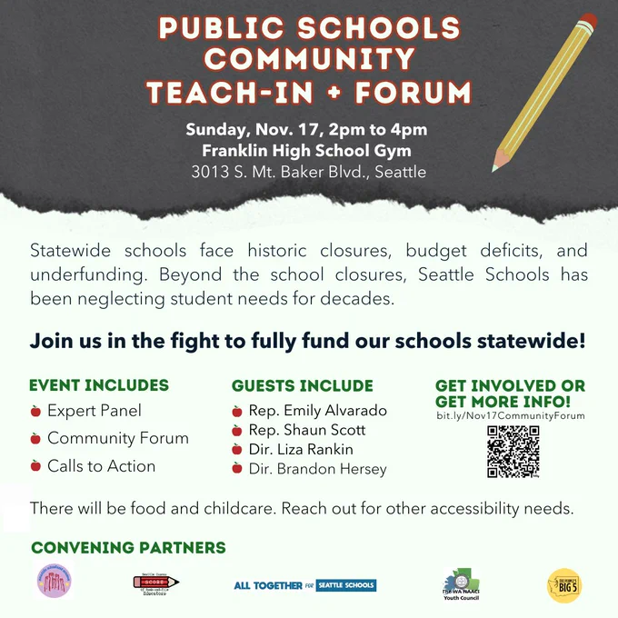 Sunday, Nov. 17, 2pm to 4pm 
Franklin High School Gym 
3013 S. Mt. Baker Blvd., Seattle

Expert Panel
Community Forum
Calls to Action

Rep. Emily Alvarado
Rep. Shaun Scott
Dir. Liza Rankin
Dir. Brandon Hersey