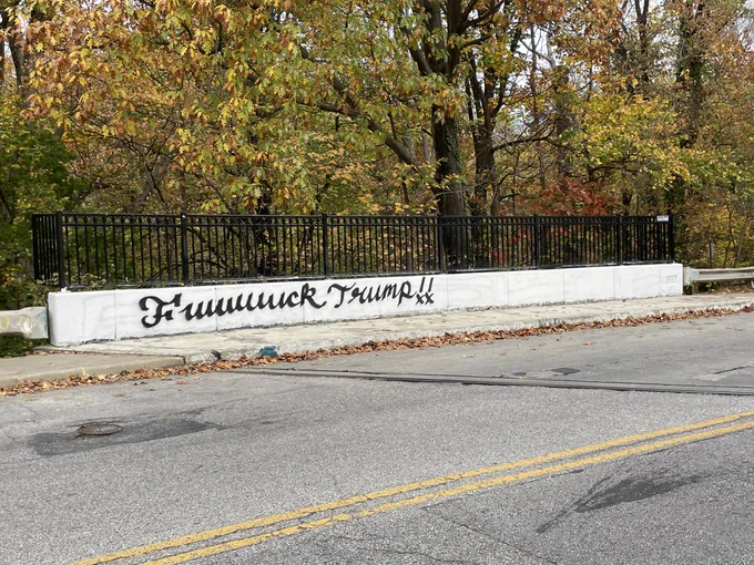 Bridge with graffiti that says Fuuuuuuck Trump!! in cursive