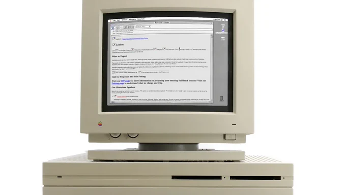 Computer running the old Mosaic browser from he 90's with the HalfStack website.