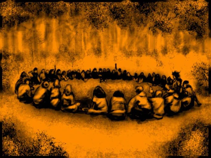 
A drawing of people meeting in a circle in an assembly format.