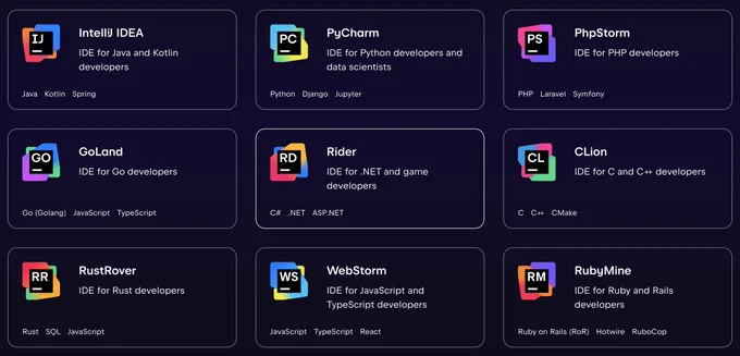 An image showing 9 IDE (Integrated Development Environment) cards from JetBrains, arranged in a 3x3 grid. Each card has a colorful icon, IDE name, description, and supported technologies.

Each card has a dark background with white text and includes a distinctive multi-colored square logo with the IDE's initials.

ALT text is generated by AI