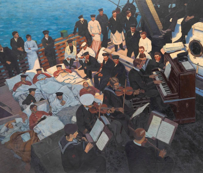 he painting depicts wounded British sailors on the deck of a ship listening to a military band who are in the foreground playing a piano and violins. Many other sailors sit or stand around listening as well. The canvas is divided diagonally with shadow on the left while the right is in a golden light perhaps this being at the going down of the sun.