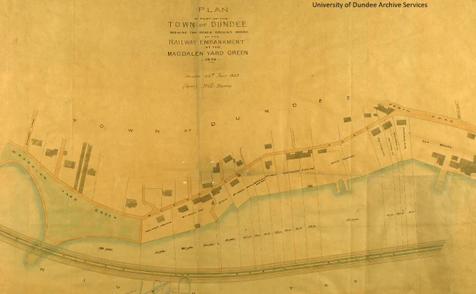 Colour plan. At the bottom a railway runs through an area in blue. In the middle a road runs roughly parallel connecting with Perth Road on the right. At the bottom left is a green area Magdalen Yard Green. At the the top there is text explaining this is a plan of the railway embankment at Magdalen Yard Green and the date 1848