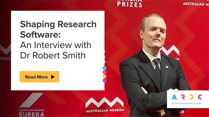 Card with the article title against a photo of Dr Robert Smith in front of a Eureka Prize and Australian Museum branded backdrop