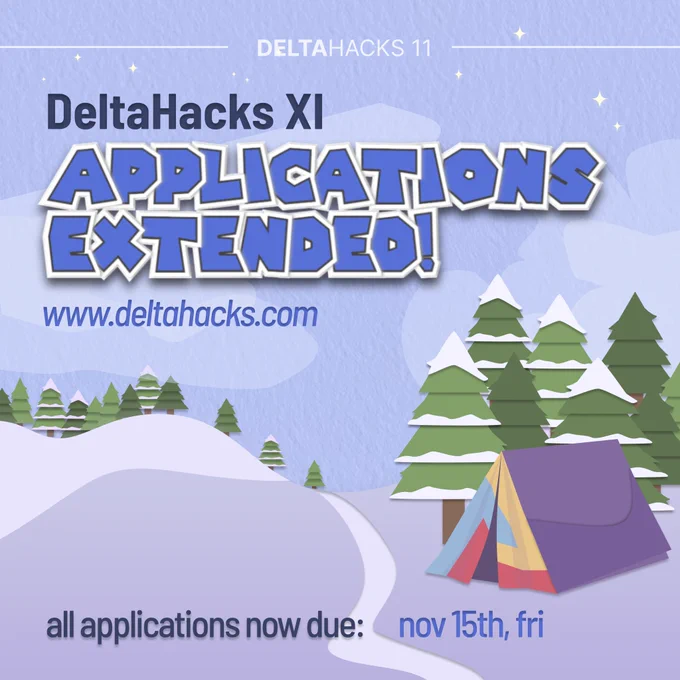 🚨 ATTENTION HACKERS 🚨

💻 Great news! The deadline to apply for DeltaHacks 11 has been extended to November 15th @ 11:59 PM! This is your chance to be part of an incredible in-person hackathon—collaborate, innovate, and create something amazing.

⏳ New deadline: November 15th @ 11:59 PM

Open to both high school and university students. Don’t wait—apply now via https://www.deltahacks.com/ or the link in our bio! Spots are still limited, so get your applications in! Have questions? Slide into our DMs or email us at hello@deltahacks.com!