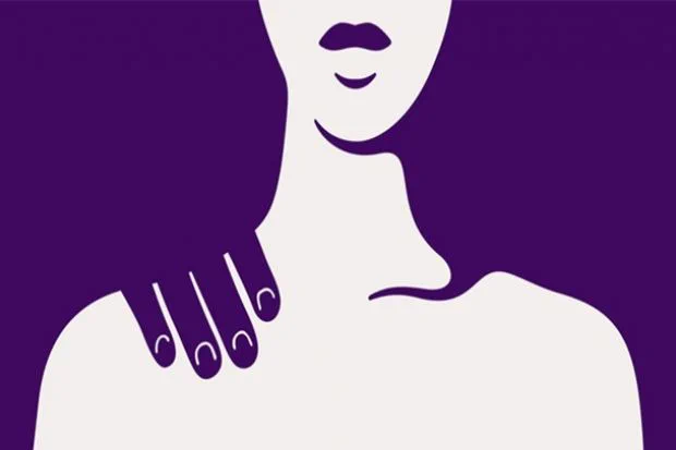 Stylised illustration in purple tones featuring a close-up of a person’s lower face and a hand resting on their shoulder.