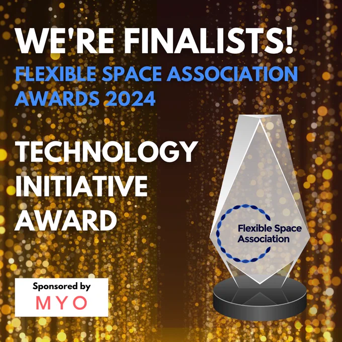 Promotional image for the Flexible Space Association Awards 2024 featuring a sparkling trophy graphic and text announcing finalists for the Technology Award, sponsored by MYO.